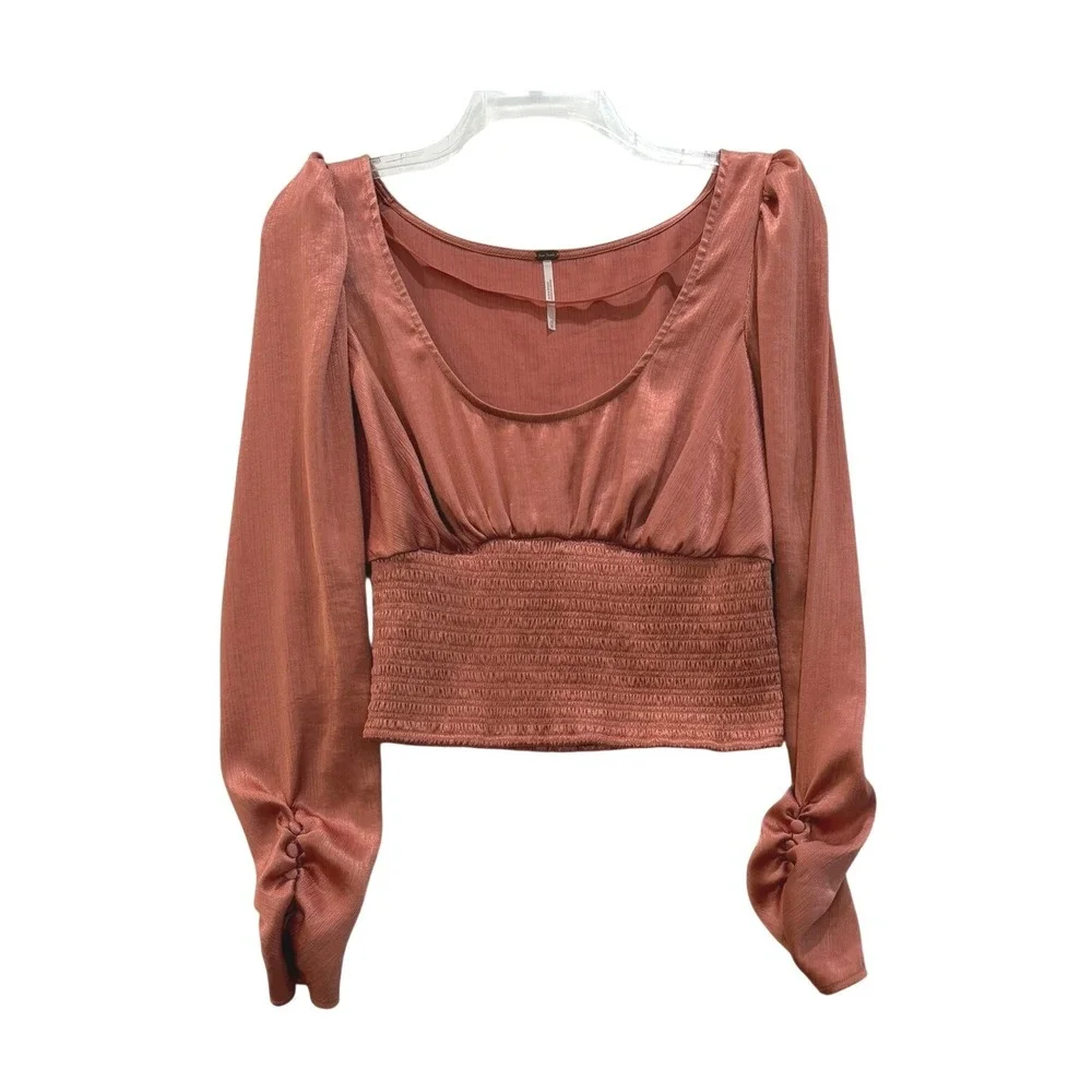 Free People Womens Smocked Waist Shimmer Crop Top Rust Orange Long Sleeve Size M